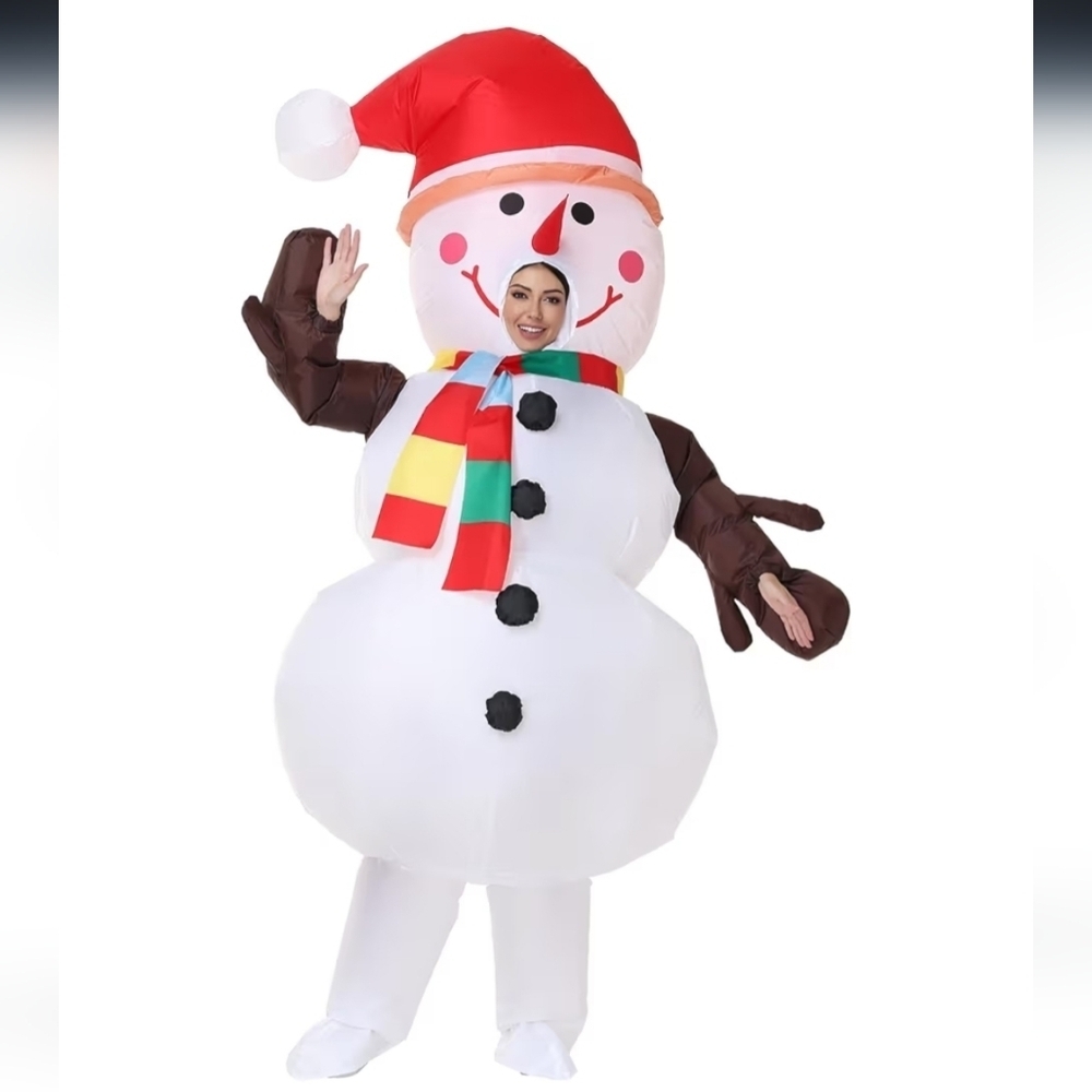 Cheerful Snowman Inflatable with Red Hat and Scarf